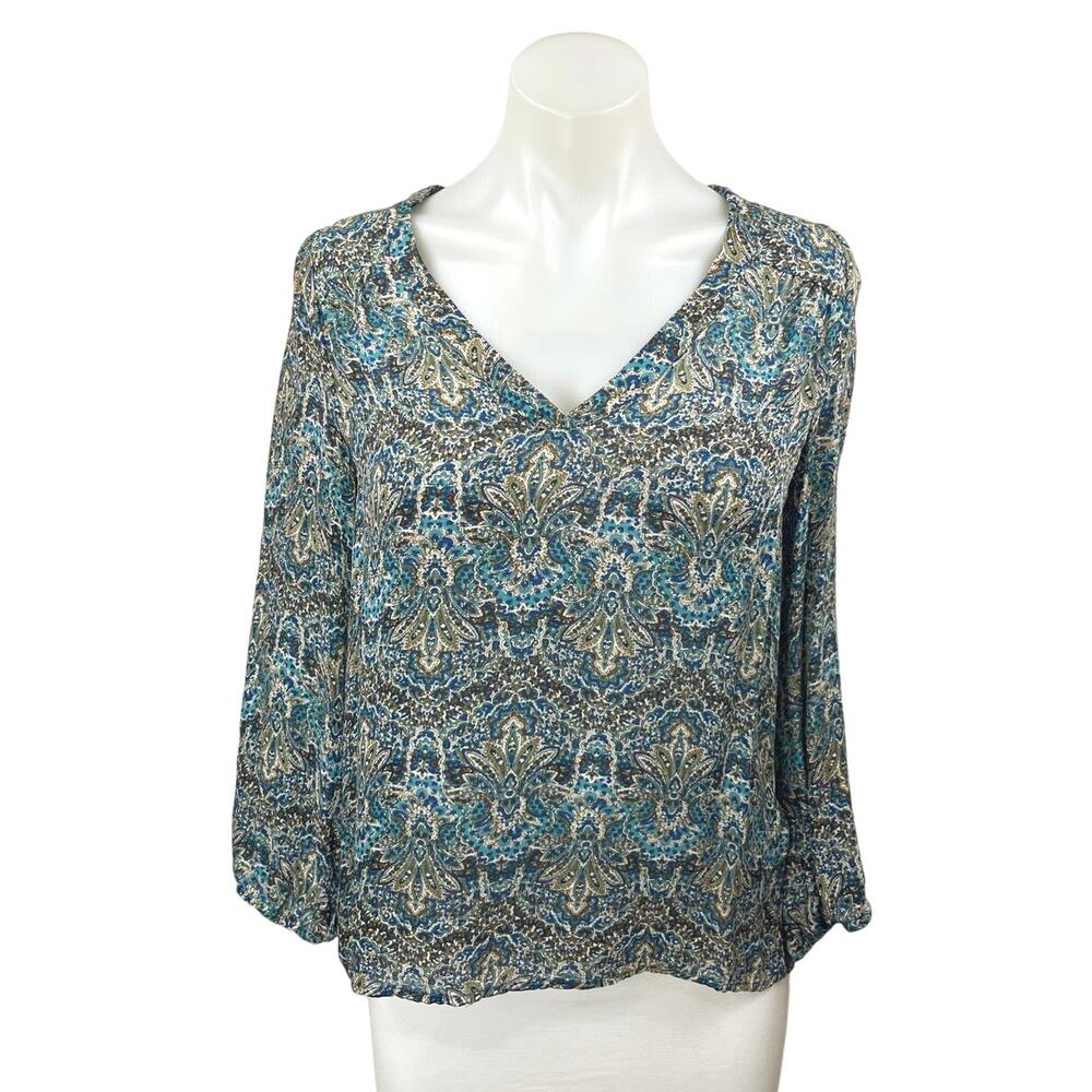Joie Multicolor Floral 100% Silk Satin Long Sleeve V Neck Blouse Top Size XS
